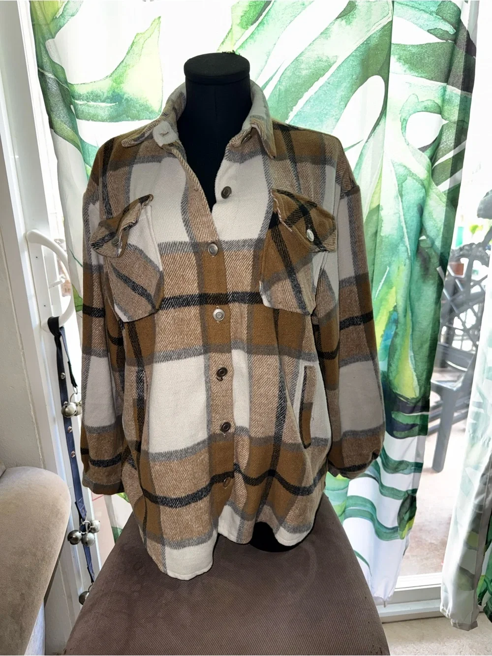 Women’s Brown Plaid Button-Up Shacket - Casual Layering Jacket